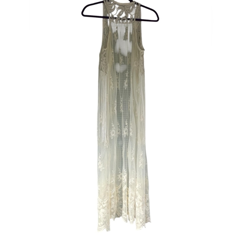Acemi cream lace and fringe open front sleeveless gilet kimono boho festival - Picture 3 of 12
